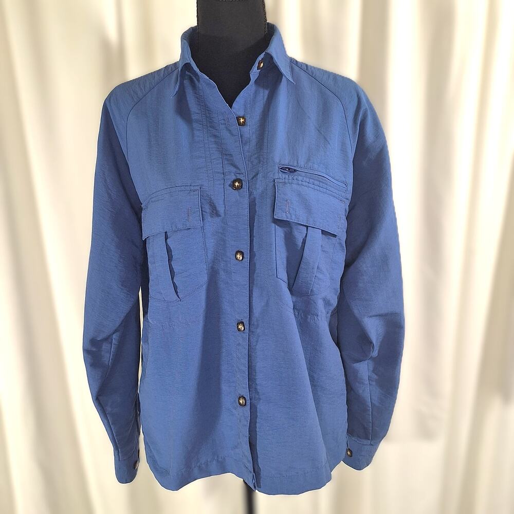REI Sahara Shirt Women's Medium Blue Hiking Fishing Vented Roll Tab Quick Dry